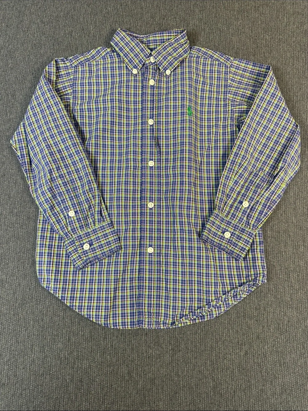 Ralph Lauren Polo Boys 5 Button Down Long Sleeve Shirt Plaid Blue Green Cotton